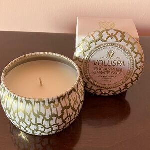 Voluspa Eucalyptus & White Sage Candle - White & Gold Decorative Tin